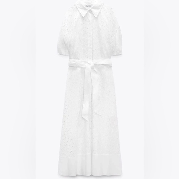 Zara White Midi Dress with Collar 100% Cotton - Picture 4 of 16